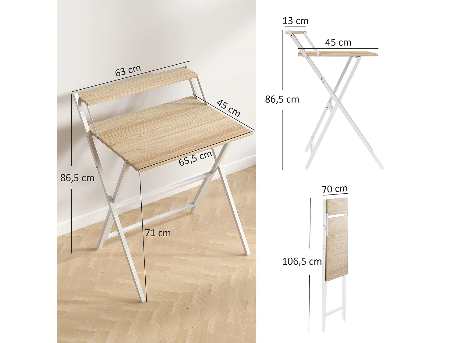 Bureau informatique design pliable - étagère haute - structure acier effet bois clair