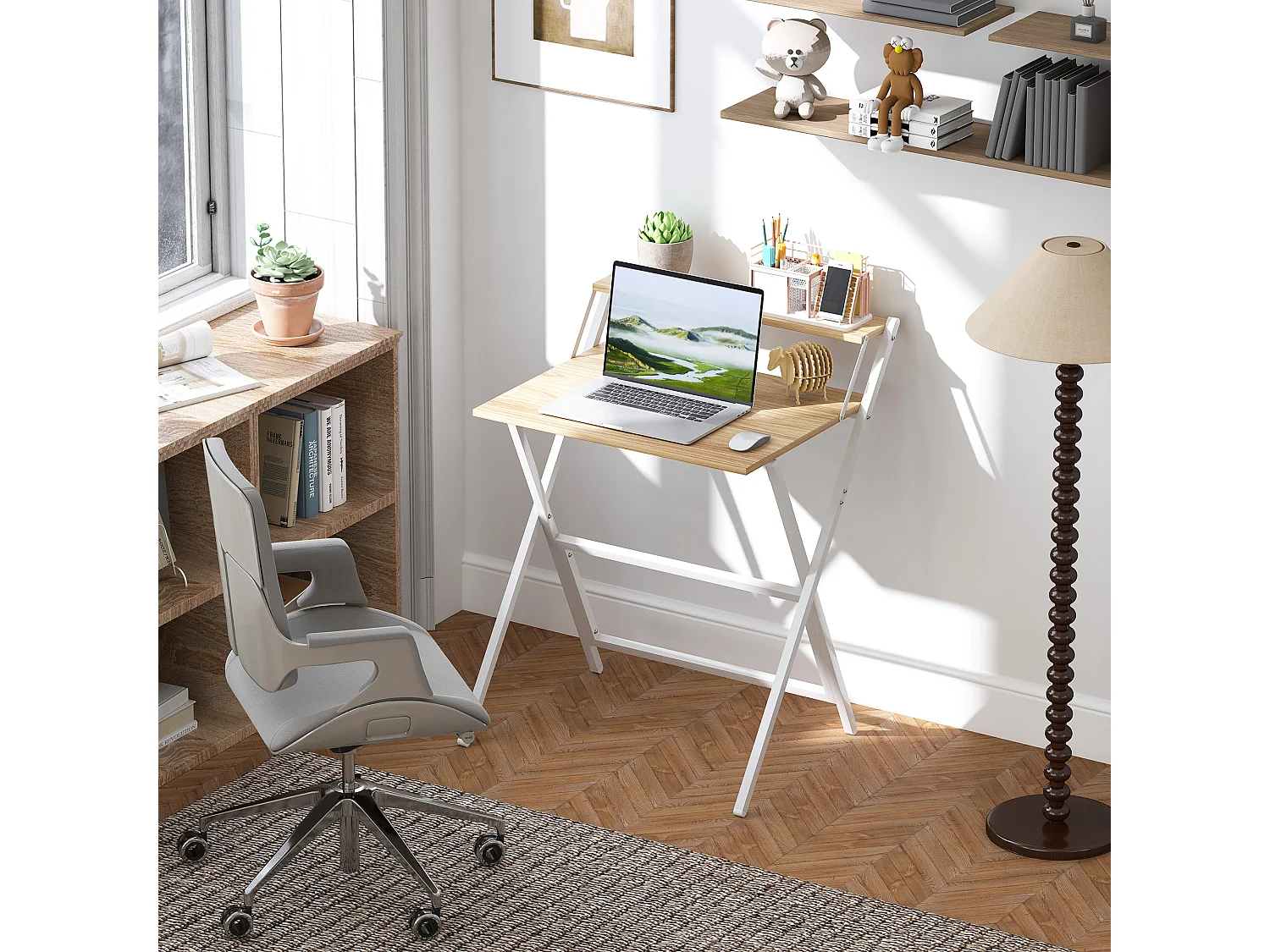 Bureau informatique design pliable - étagère haute - structure acier effet bois clair