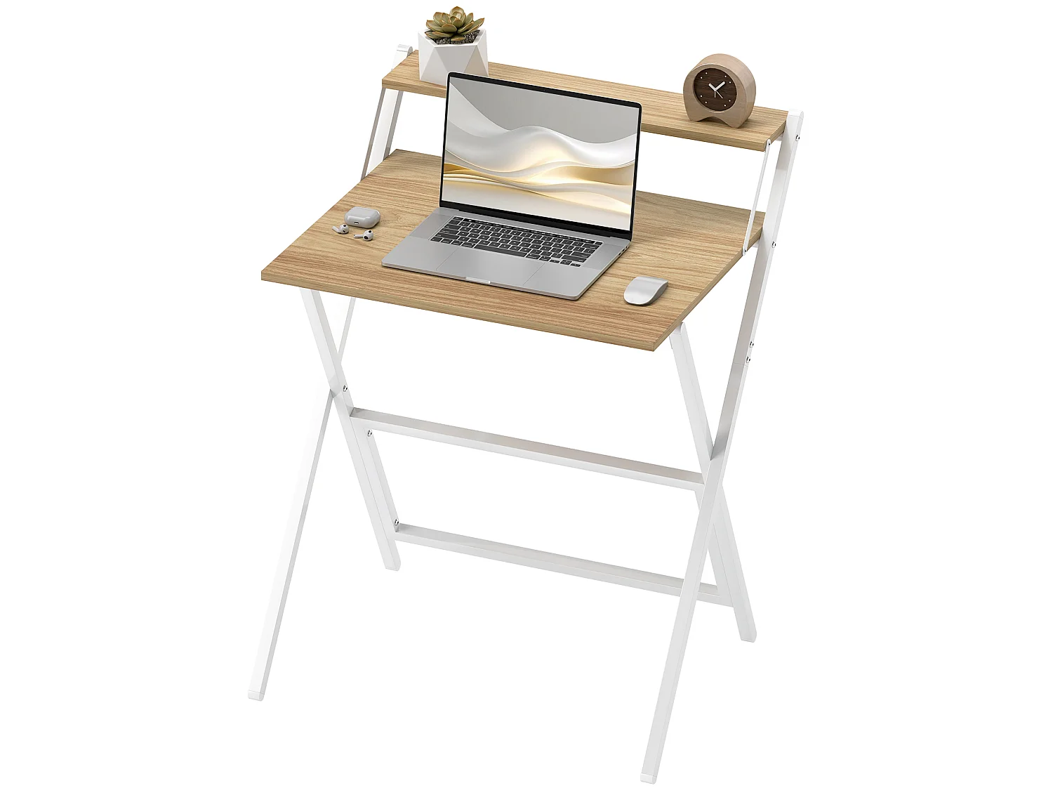 Bureau informatique design pliable - étagère haute - structure acier effet bois clair