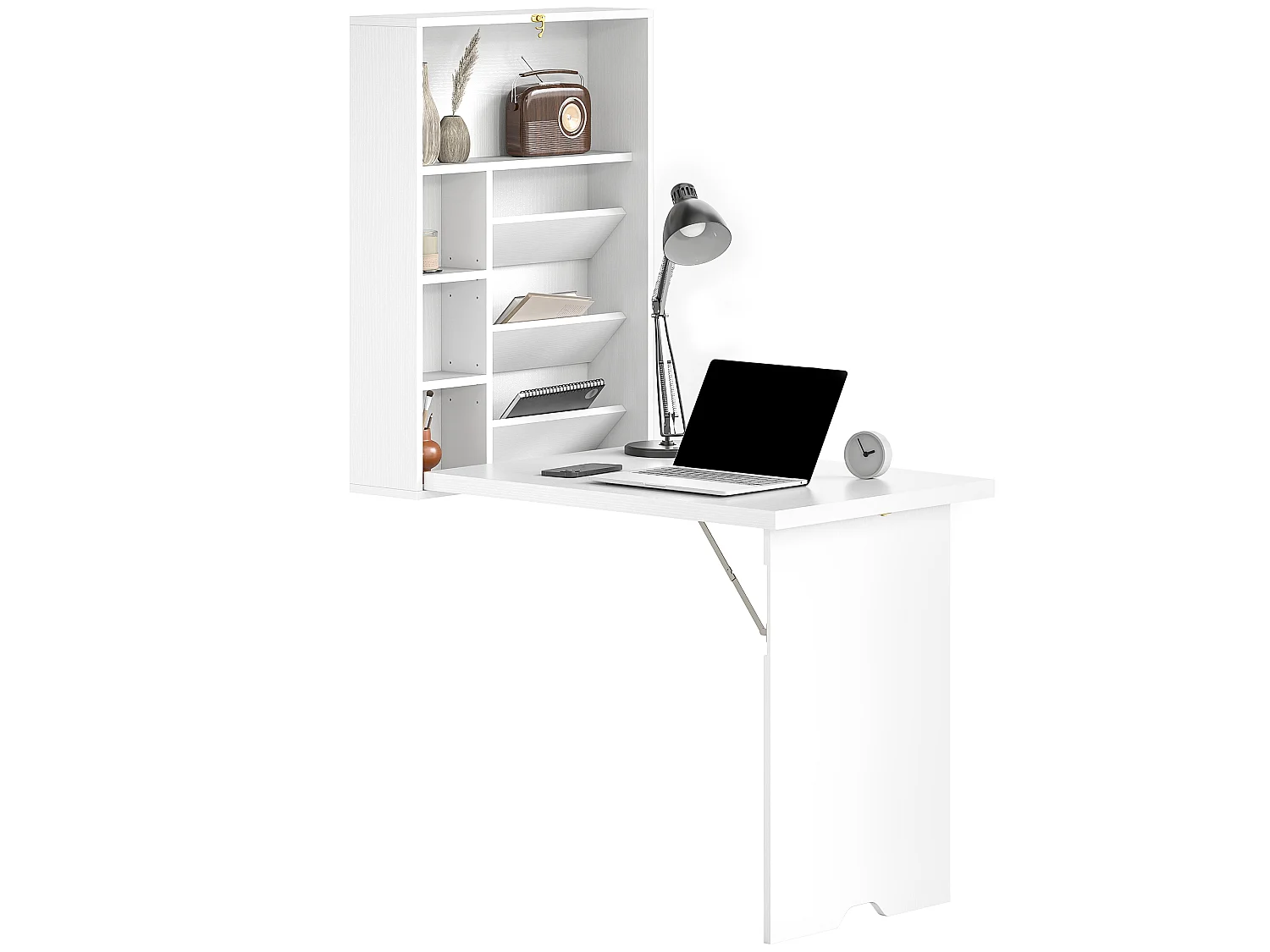 Bureau pliable rabattable - bureau bibliothèque 2 en 1 - étagères - blanc