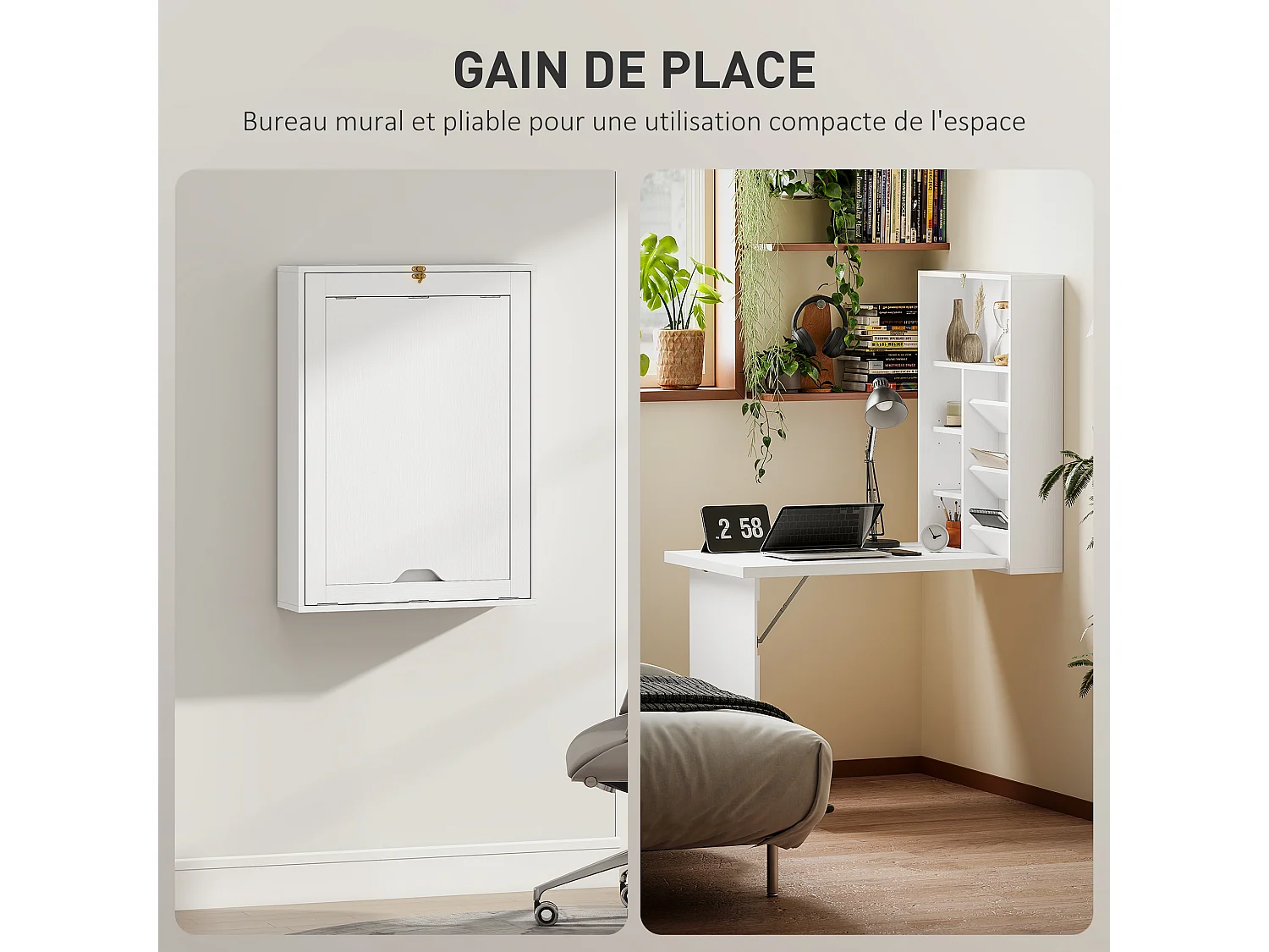 Bureau pliable rabattable - bureau bibliothèque 2 en 1 - étagères - blanc