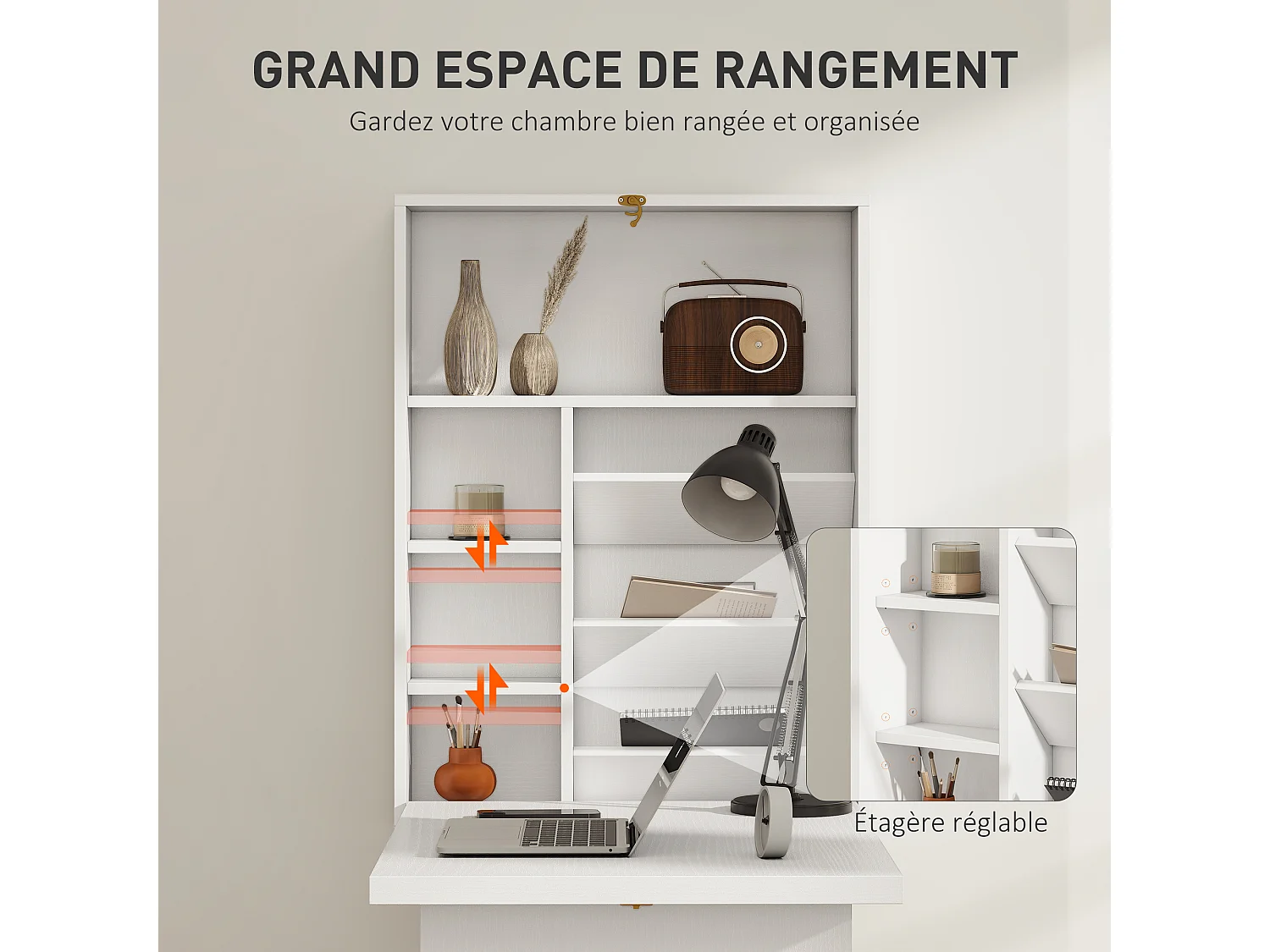 Bureau pliable rabattable - bureau bibliothèque 2 en 1 - étagères - blanc