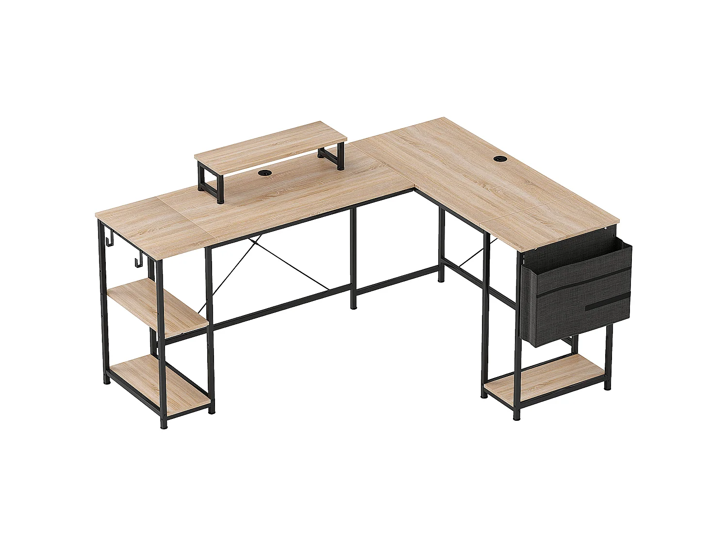 Bureau d'angle modulable réversible style industriel - nombreux rangements - acier noir effet bois naturel