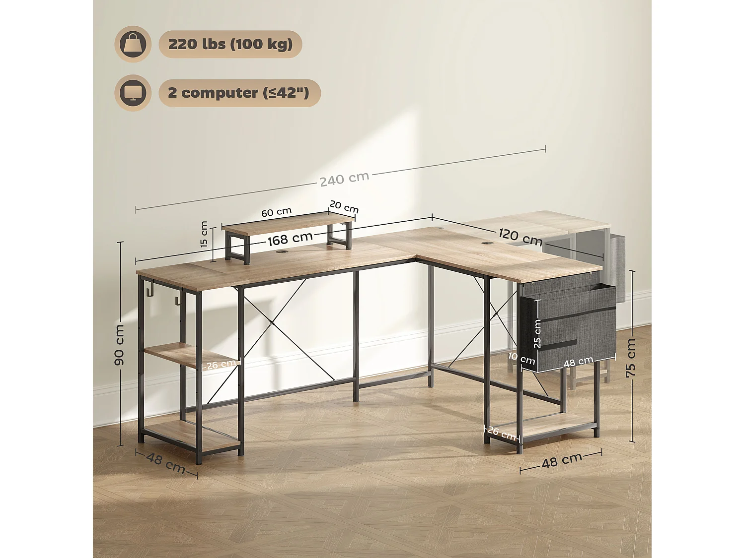 Bureau d'angle modulable réversible style industriel - nombreux rangements - acier noir effet bois naturel