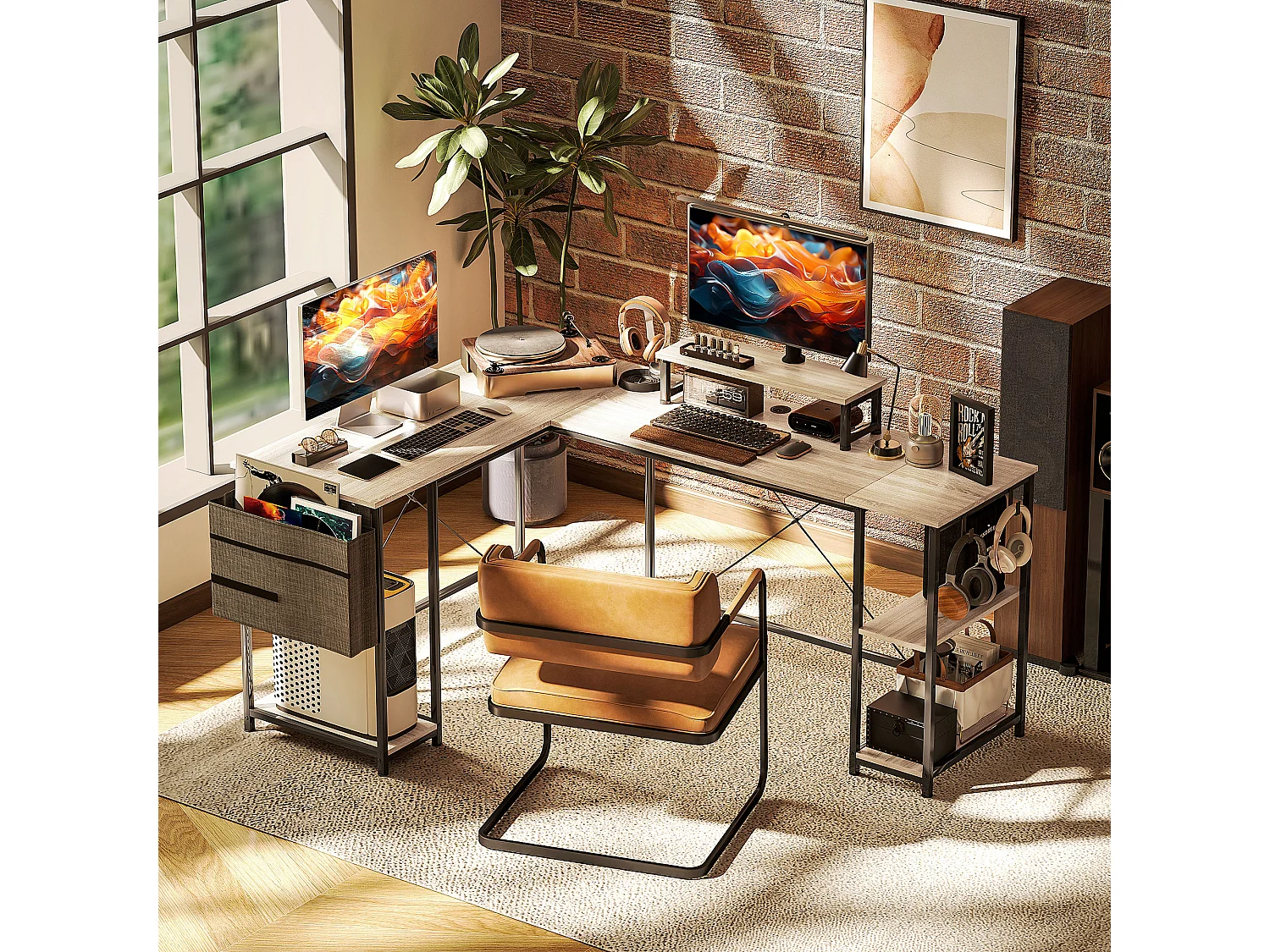 Bureau d'angle modulable réversible style industriel - nombreux rangements - acier noir effet bois naturel