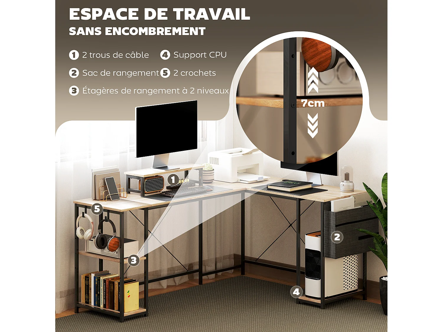 Bureau d'angle modulable réversible style industriel - nombreux rangements - acier noir effet bois naturel
