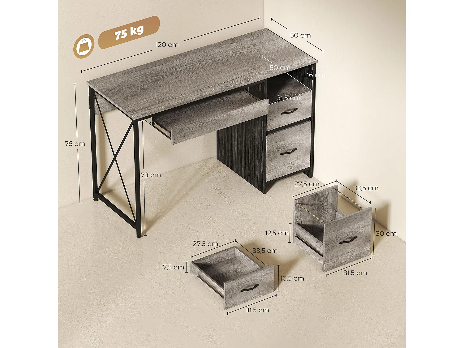 Bureau informatique design industriel acier noir effet bois gris