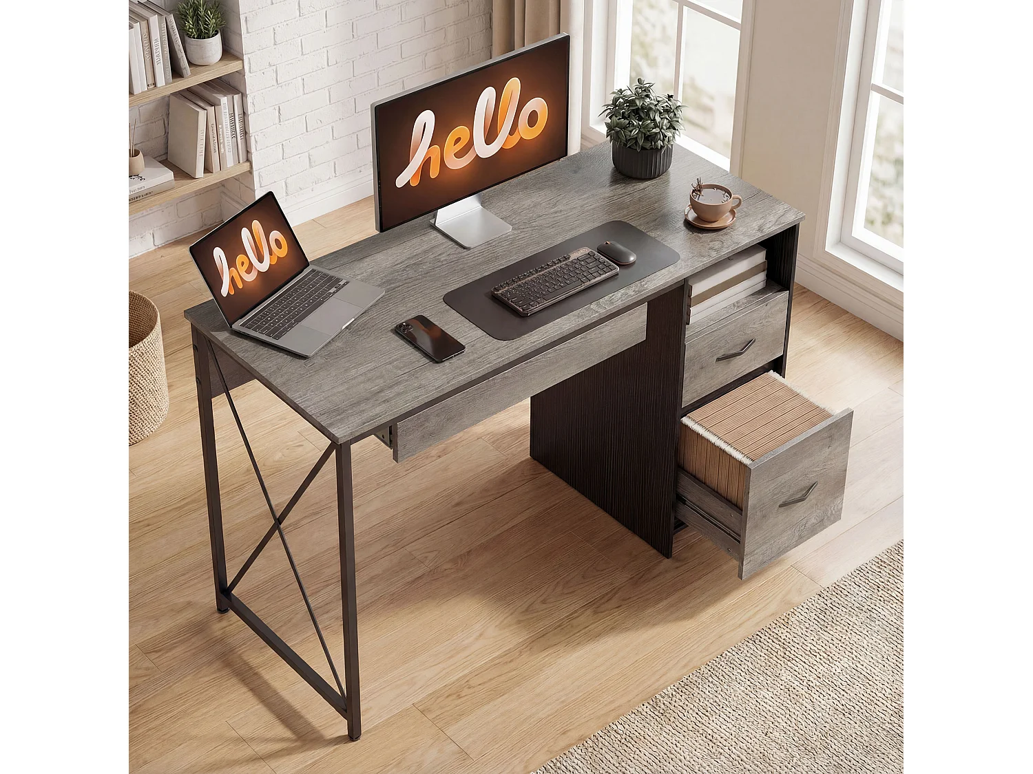 Bureau informatique design industriel acier noir effet bois gris