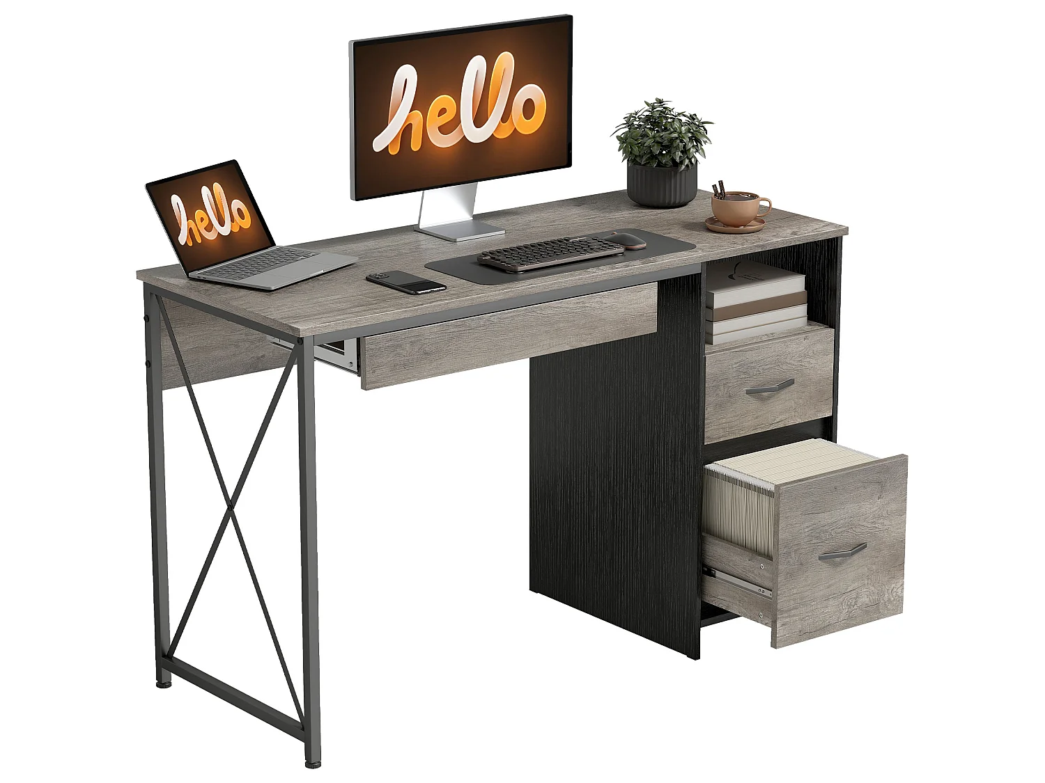 Bureau informatique design industriel acier noir effet bois gris