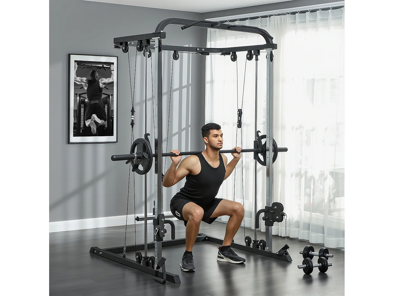 Station de musculation double polie barre de traction et barre longue musculation acier noir