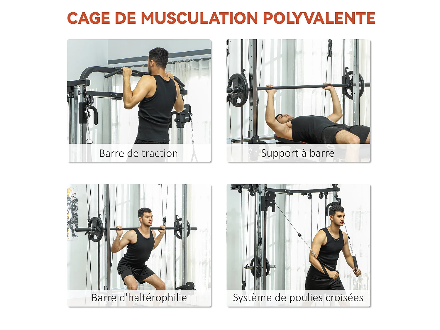 Station de musculation double polie barre de traction et barre longue musculation acier noir