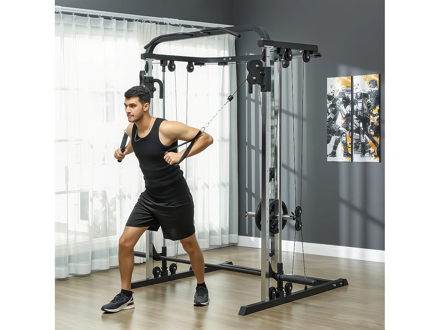 Station de musculation double polie barre de traction et barre longue musculation acier noir