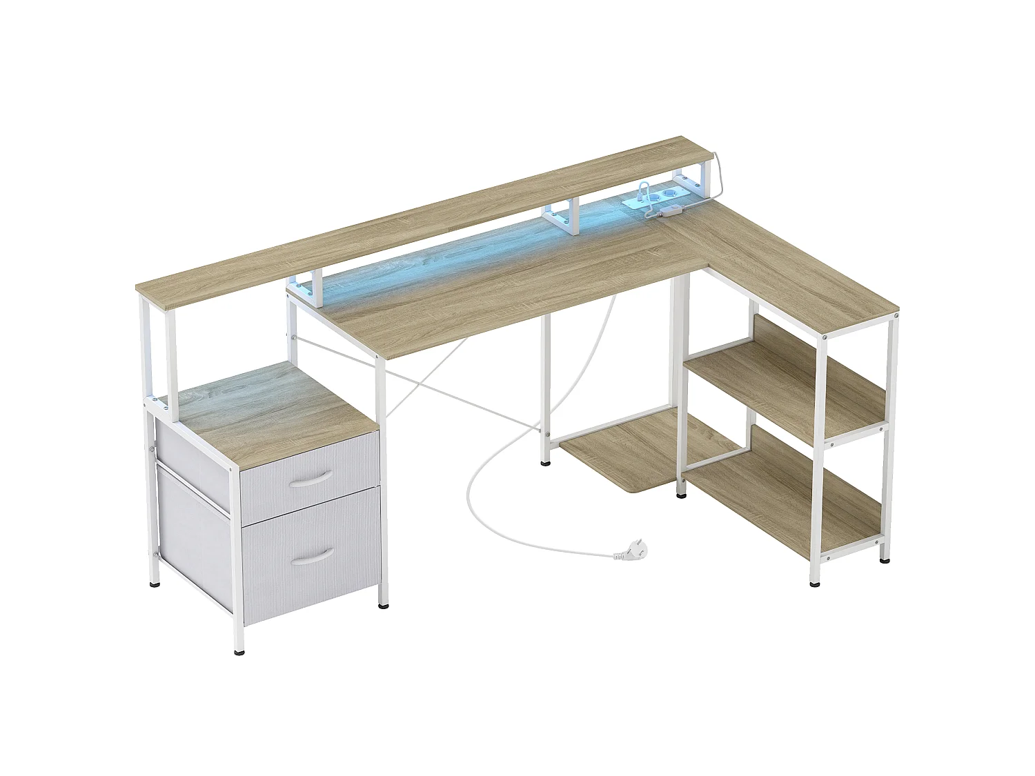 Bureau d'angle informatique LED multi-rangement avec prises effet bois clair
