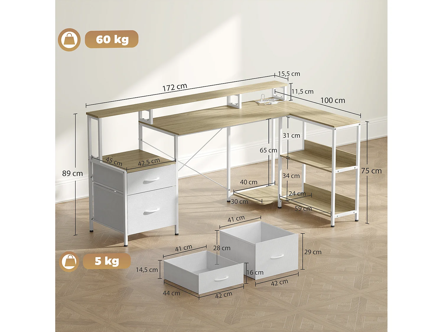 Bureau d'angle informatique LED multi-rangement avec prises effet bois clair