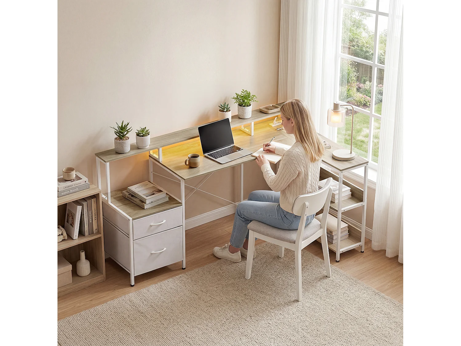 Bureau d'angle informatique LED multi-rangement avec prises effet bois clair