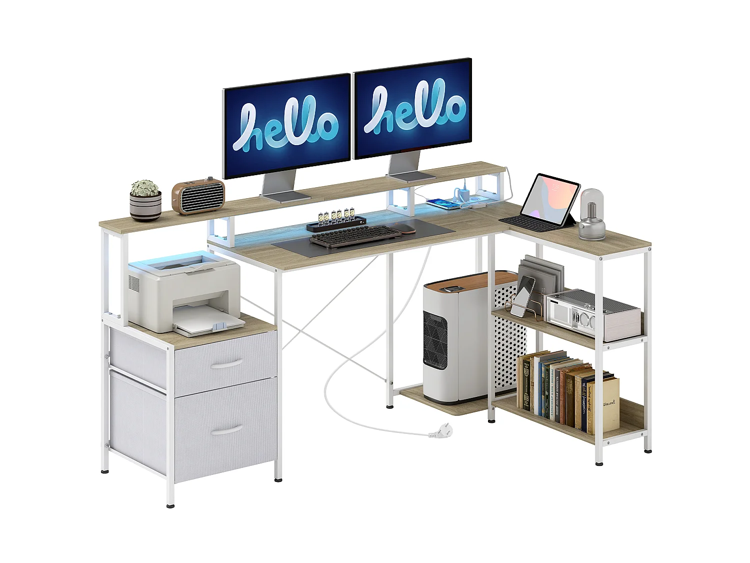 Bureau d'angle informatique LED multi-rangement avec prises effet bois clair