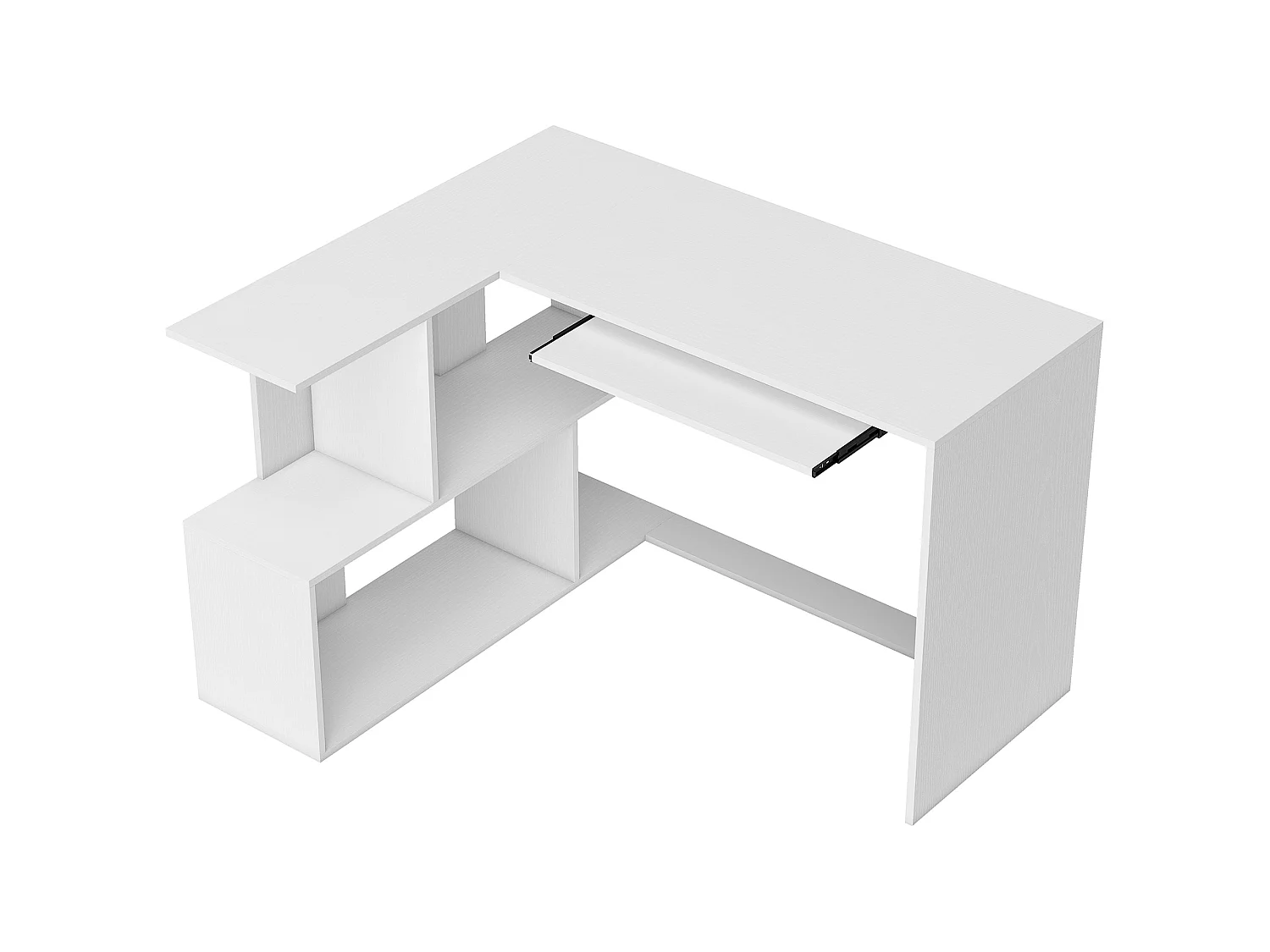 Bureau informatique - bureau d'angle 120 x 100 cm - tablette coulissante clavier, 4 niches - effet bois blanc