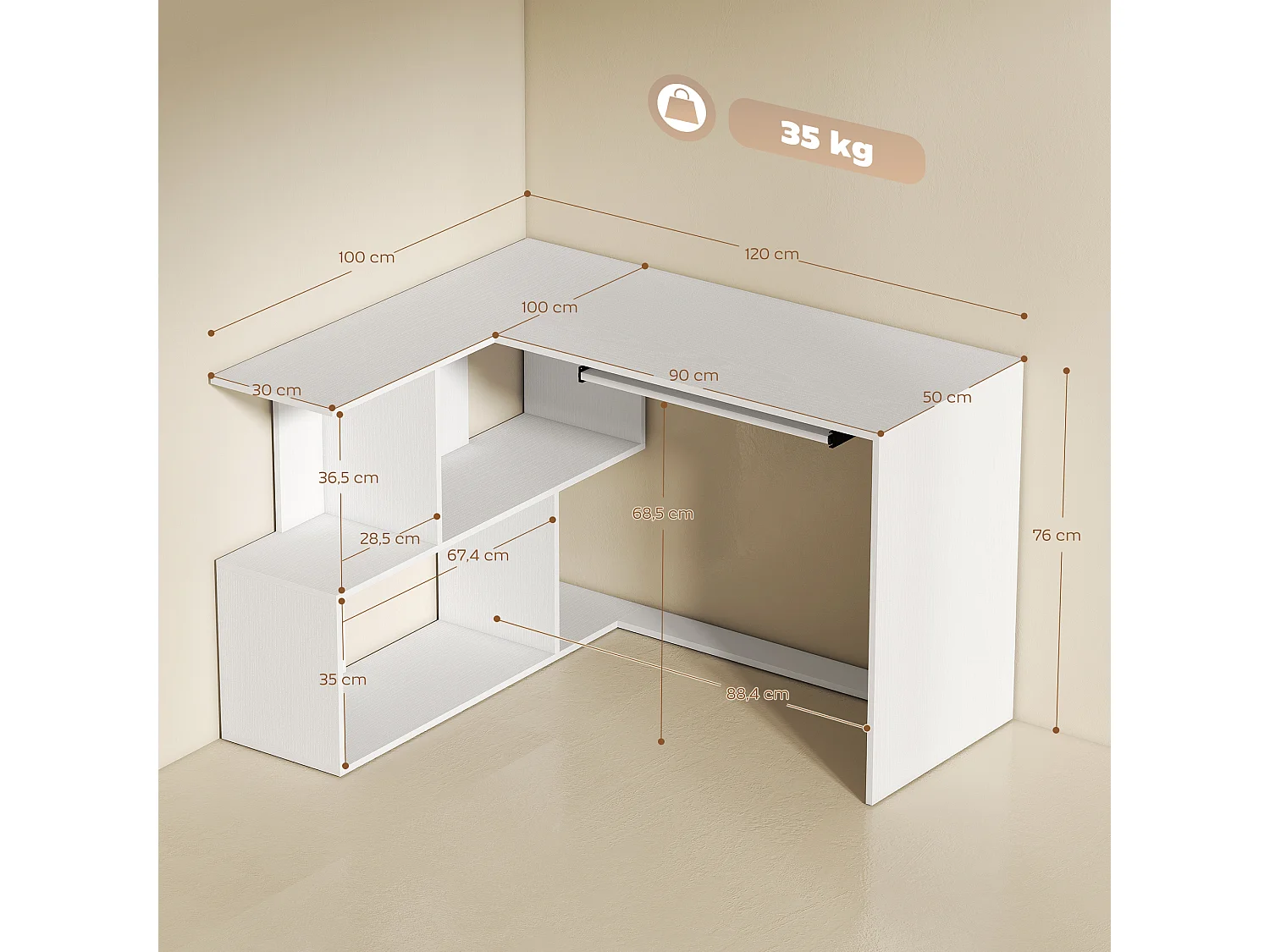 Bureau informatique - bureau d'angle 120 x 100 cm - tablette coulissante clavier, 4 niches - effet bois blanc