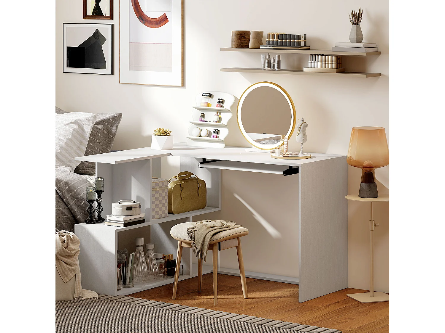 Bureau informatique - bureau d'angle 120 x 100 cm - tablette coulissante clavier, 4 niches - effet bois blanc