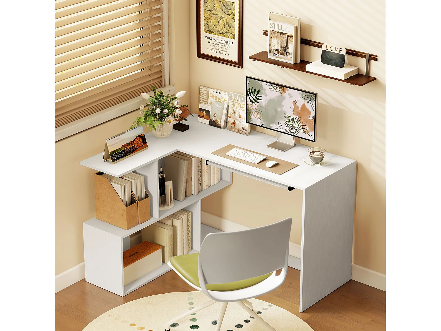 Bureau informatique - bureau d'angle 120 x 100 cm - tablette coulissante clavier, 4 niches - effet bois blanc
