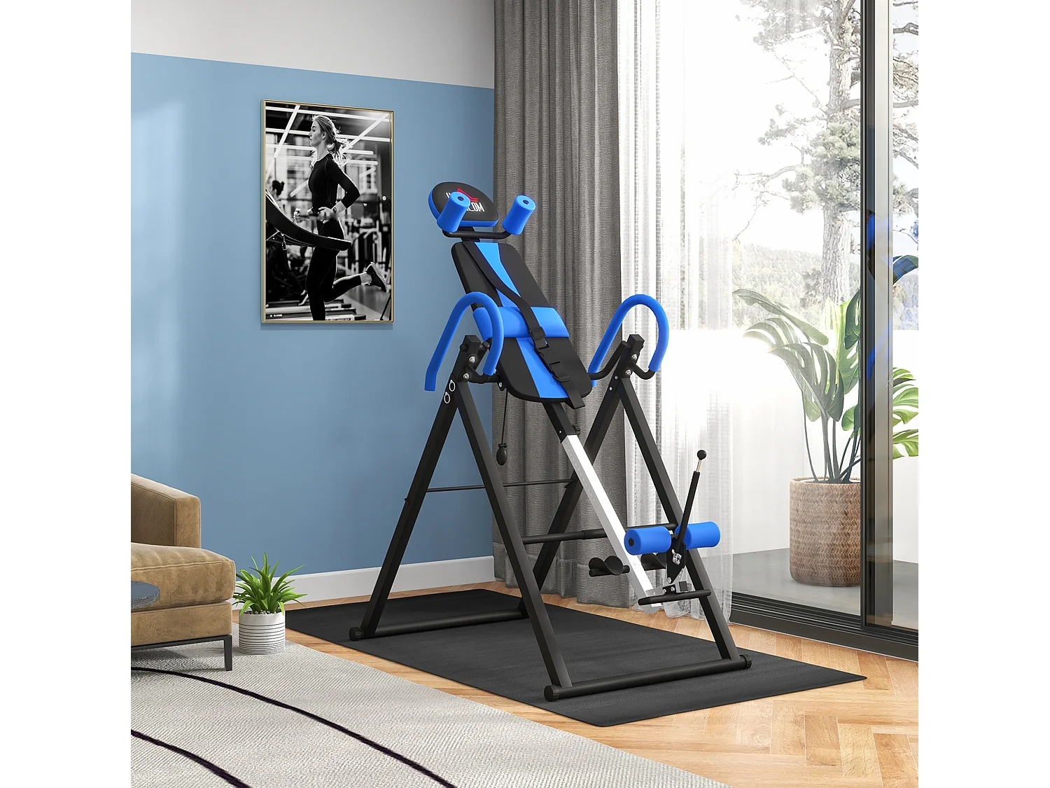 Table d'inversion de musculation pliable ceinture de sécurité réglable angle inversé ajustable 3 niveaux acier bleu noir