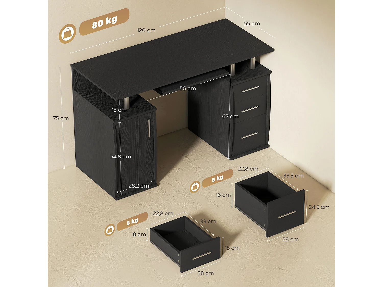 Bureau informatique multi-rangement design alu effet bois noir