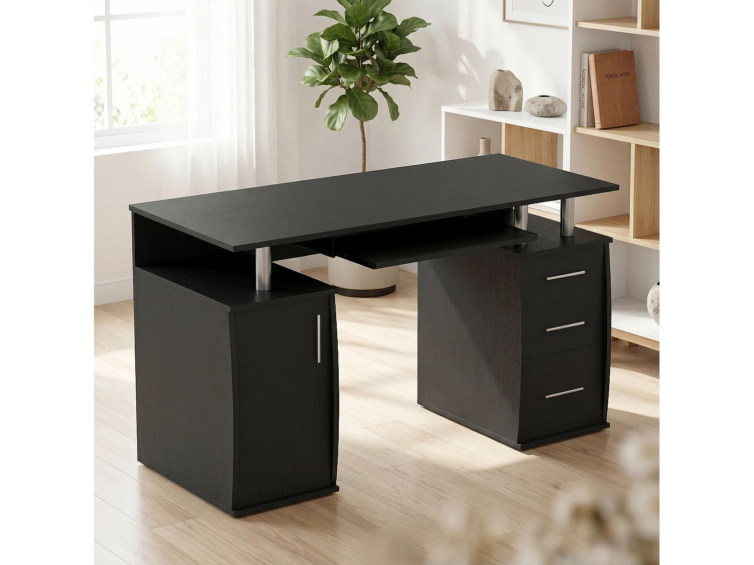 Bureau informatique multi-rangement design alu effet bois noir