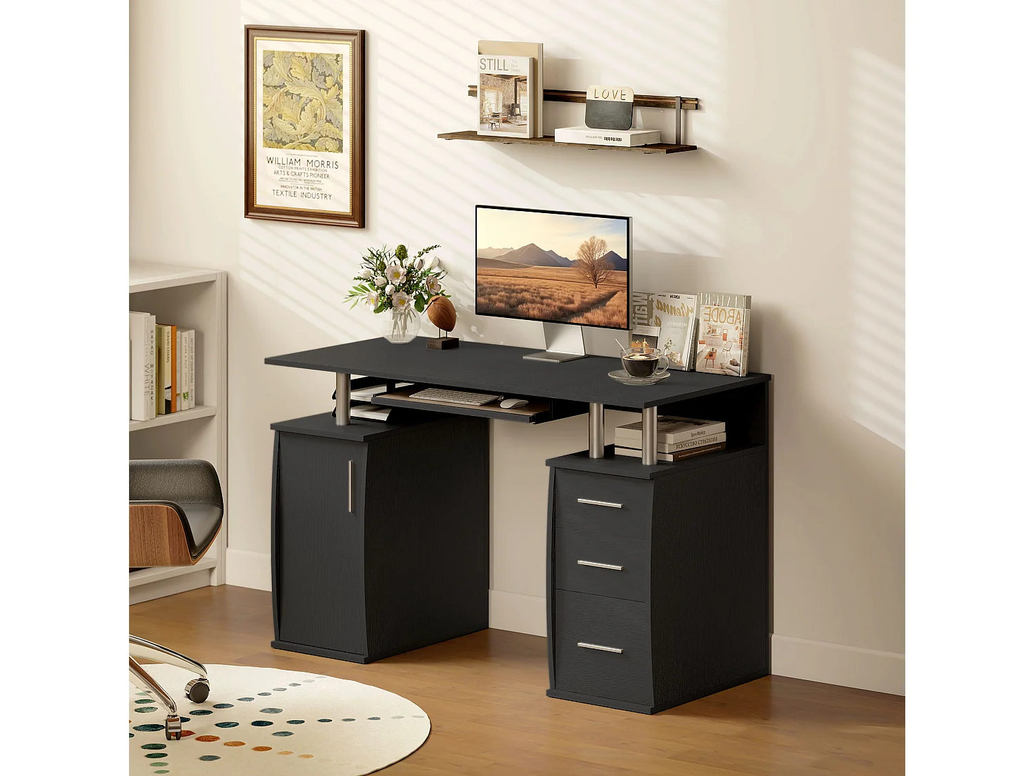 Bureau informatique multi-rangement design alu effet bois noir