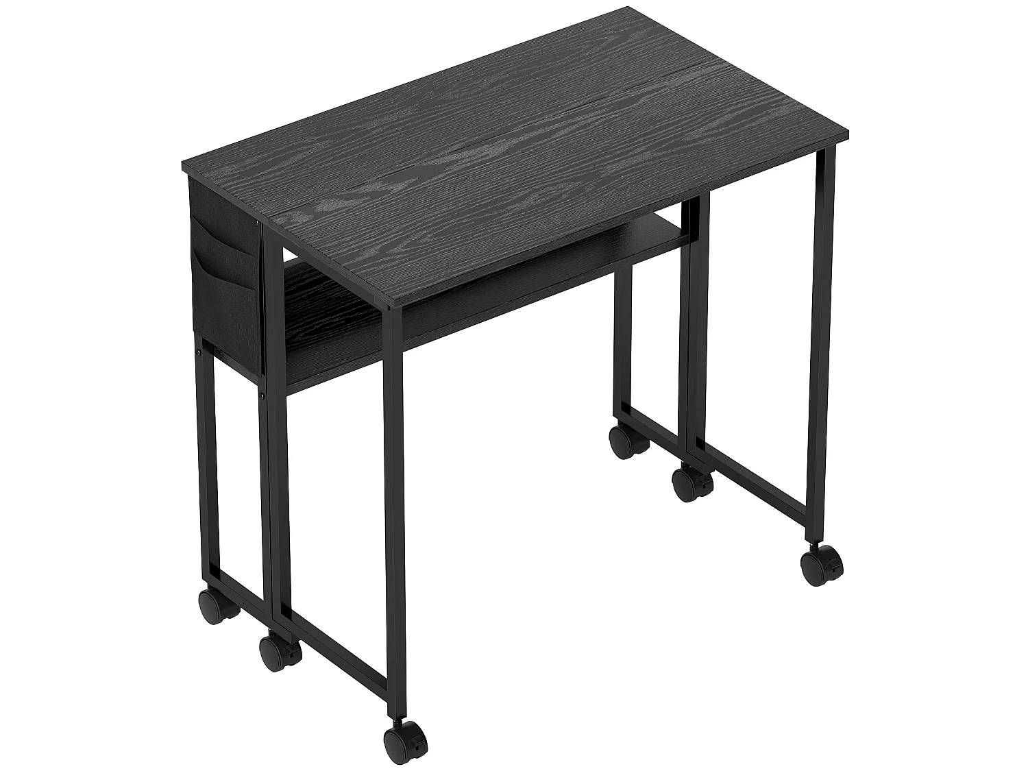Bureau pliable à roulettes dim. 80x50cm pochette étagère acier effet bois noir