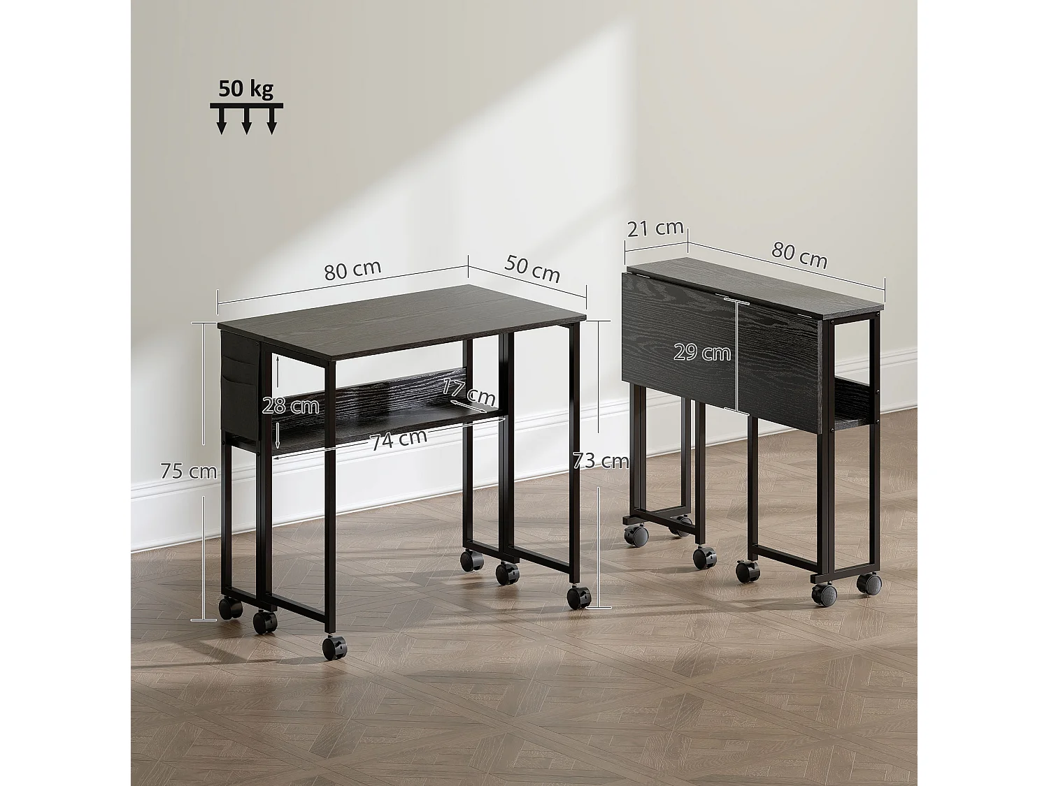 Bureau pliable à roulettes dim. 80x50cm pochette étagère acier effet bois noir