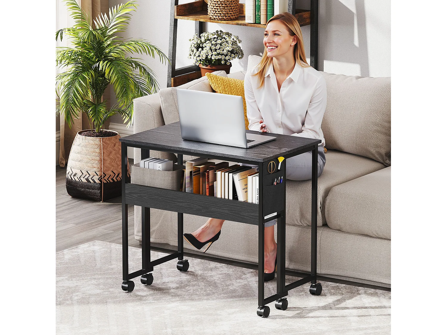 Bureau pliable à roulettes dim. 80x50cm pochette étagère acier effet bois noir