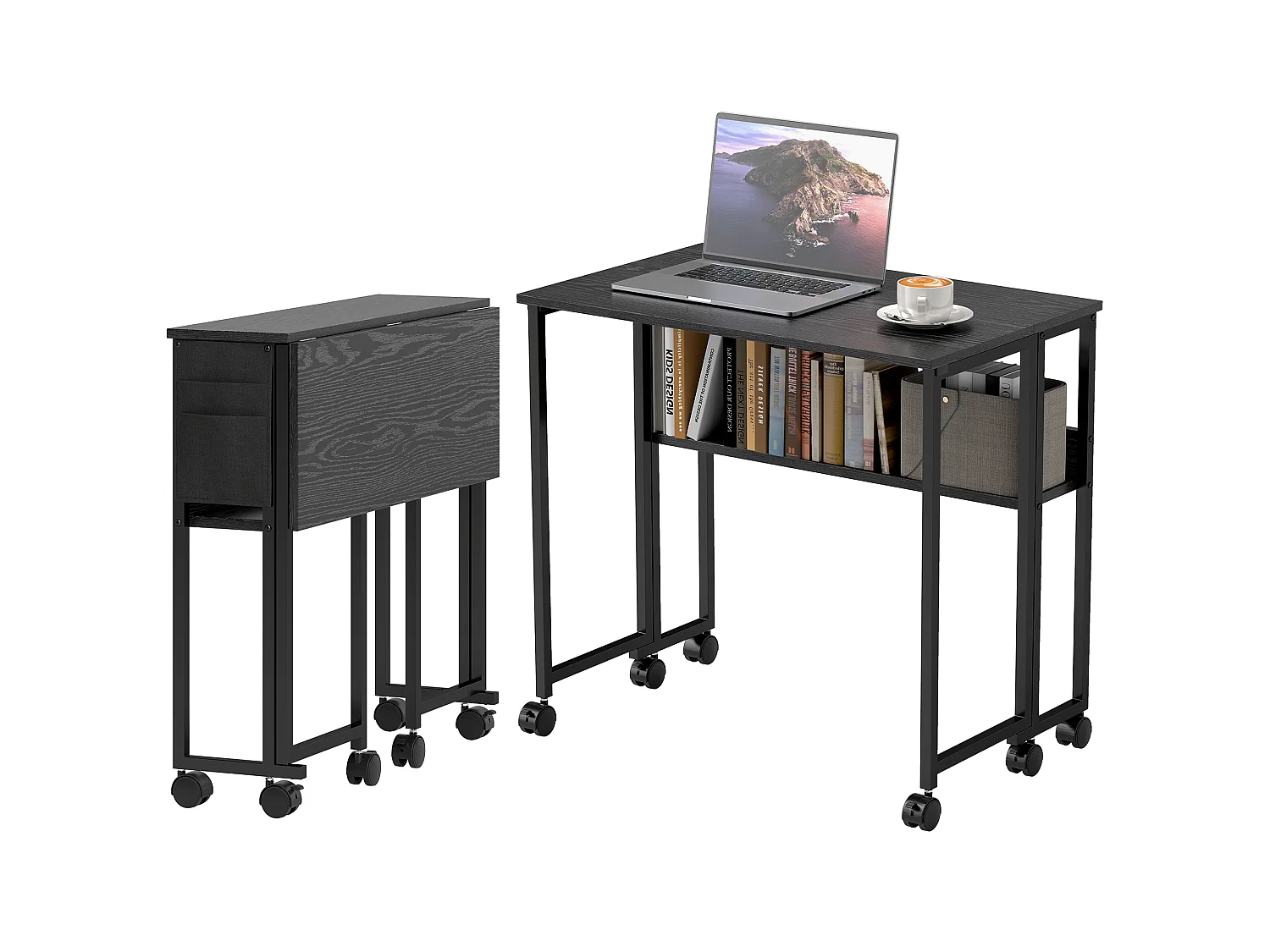 Bureau pliable à roulettes dim. 80x50cm pochette étagère acier effet bois noir