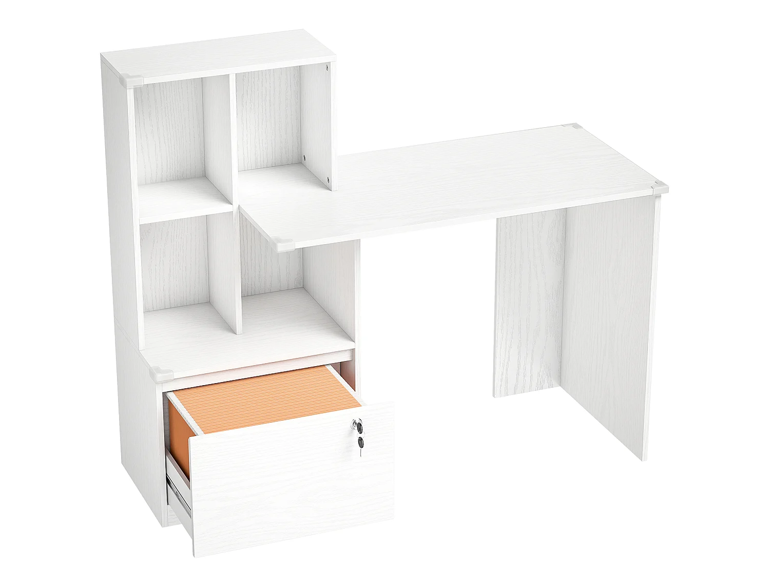 Bureau informatique avec tiroirs verrouillables et étagère effet bois blanc