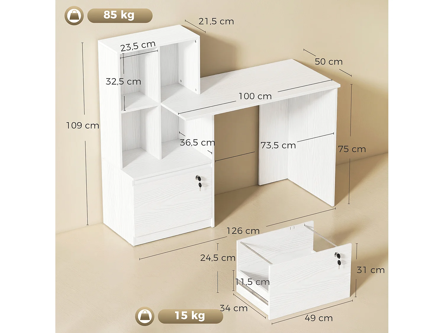 Bureau informatique avec tiroirs verrouillables et étagère effet bois blanc