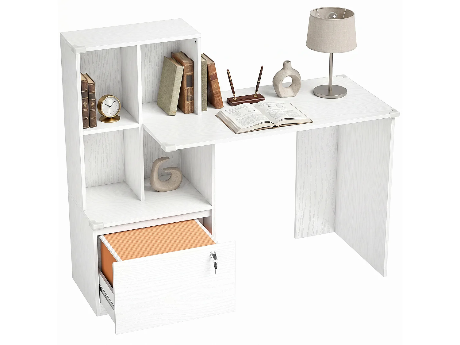 Bureau informatique avec tiroirs verrouillables et étagère effet bois blanc