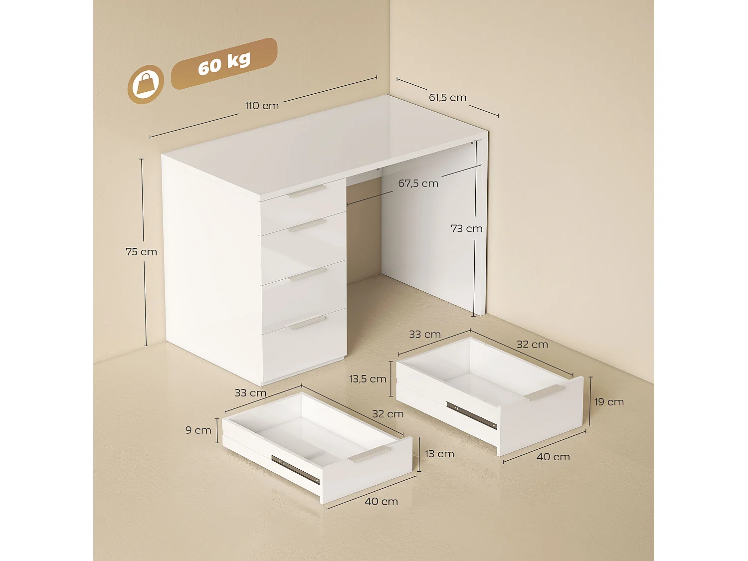 Bureau informatique 4 tiroirs blanc laqué