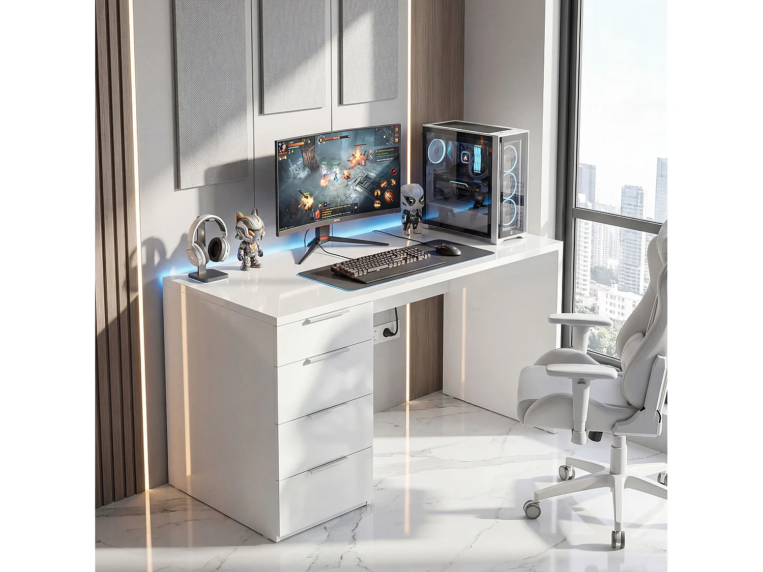 Bureau informatique 4 tiroirs blanc laqué