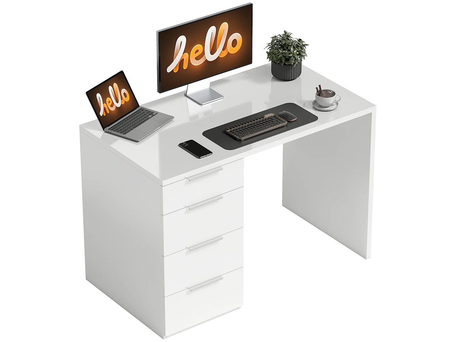 Bureau informatique 4 tiroirs blanc laqué