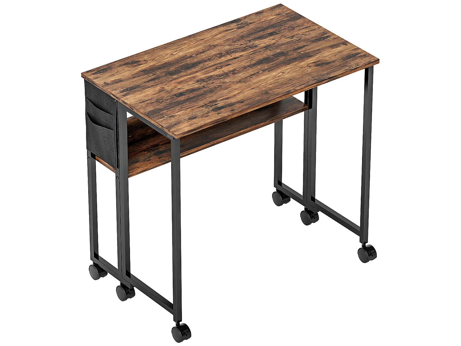 Bureau pliable à roulettes dim. 80x50cm pochette étagère acier effet bois vieilli noir