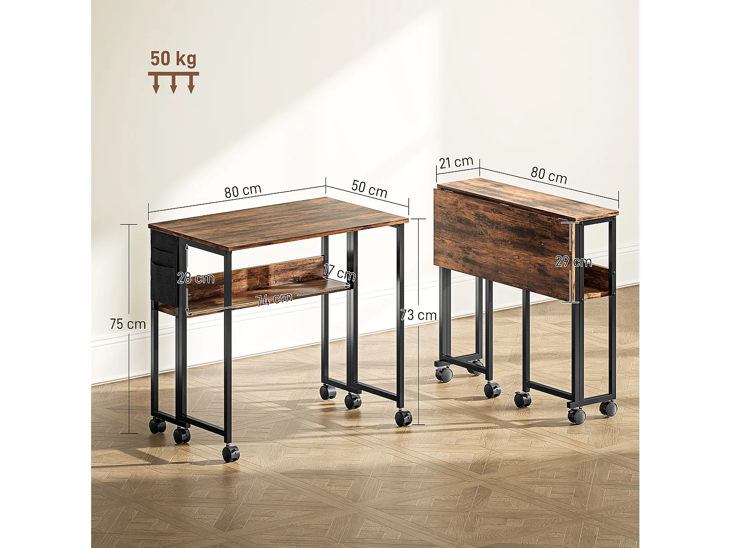 Bureau pliable à roulettes dim. 80x50cm pochette étagère acier effet bois vieilli noir