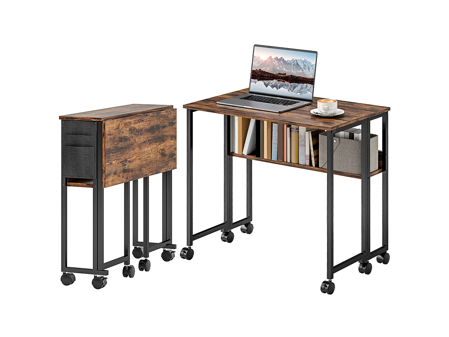 Bureau pliable à roulettes dim. 80x50cm pochette étagère acier effet bois vieilli noir