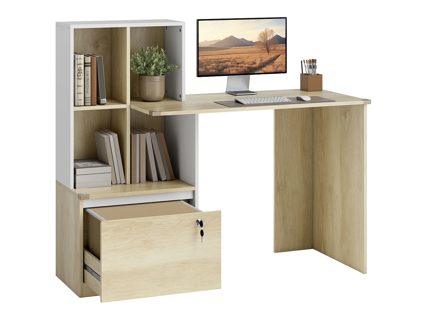Bureau informatique multi-rangement - tiroir dossier suspendu, 4 niches - effet bois blanc