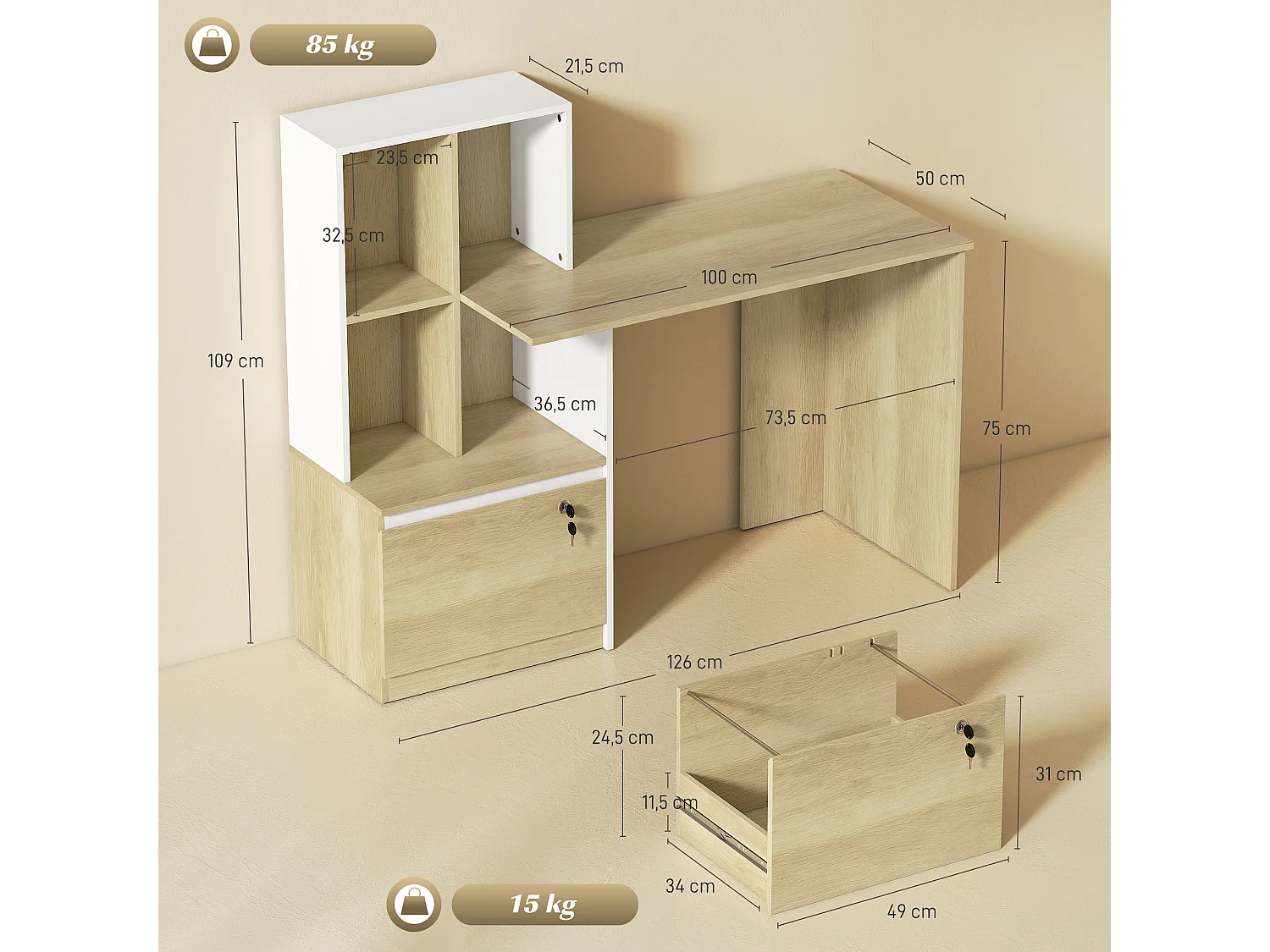 Bureau informatique multi-rangement - tiroir dossier suspendu, 4 niches - effet bois blanc