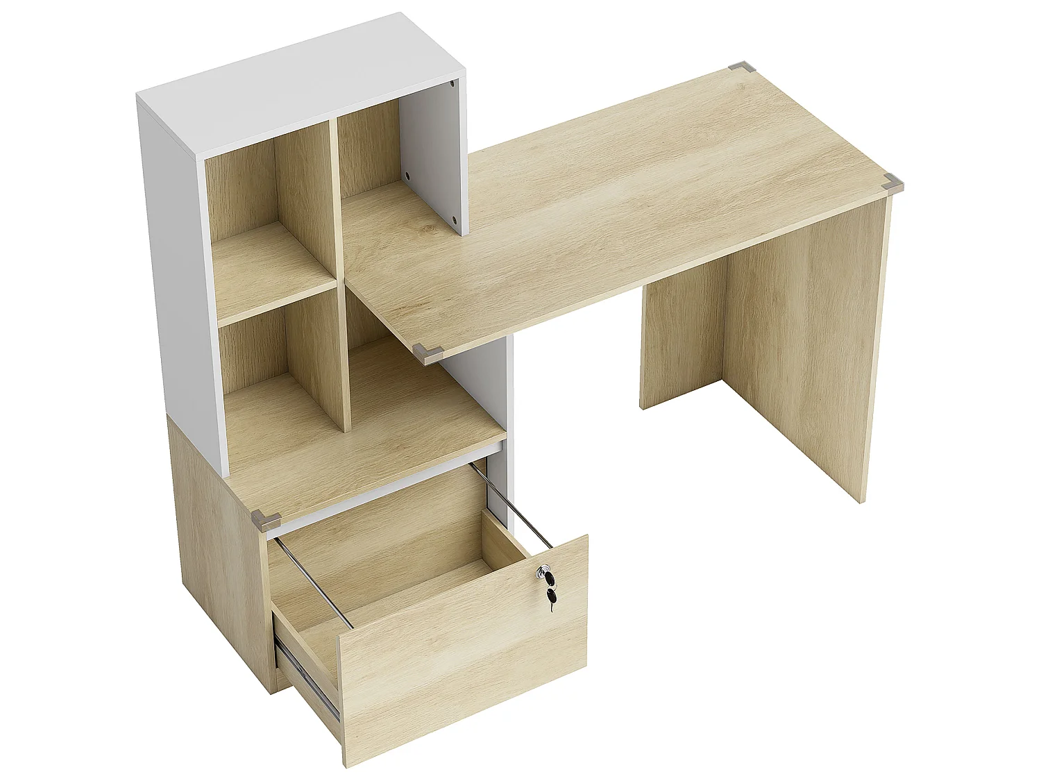 Bureau informatique multi-rangement - tiroir dossier suspendu, 4 niches - effet bois blanc