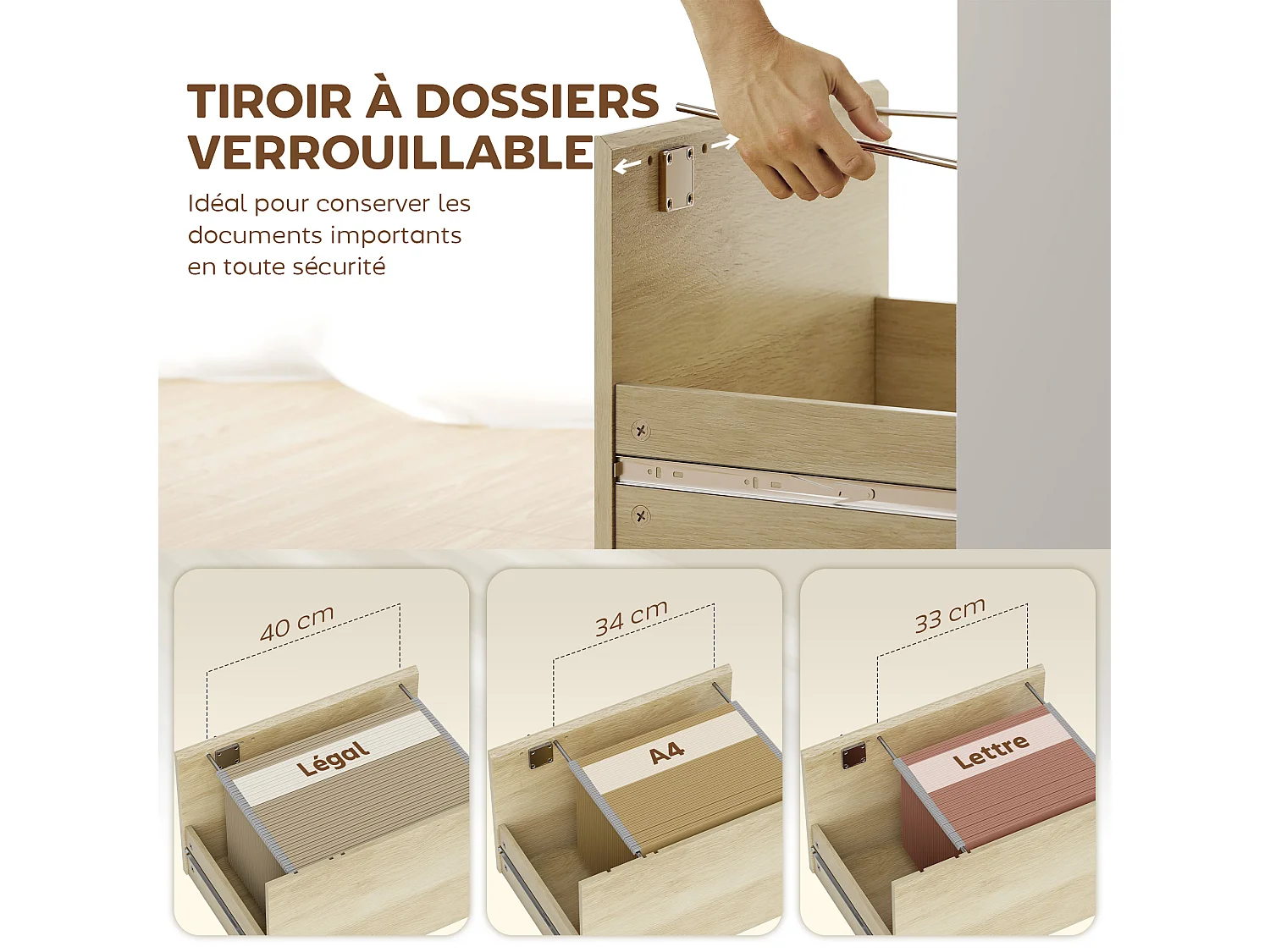 Bureau informatique multi-rangement - tiroir dossier suspendu, 4 niches - effet bois blanc