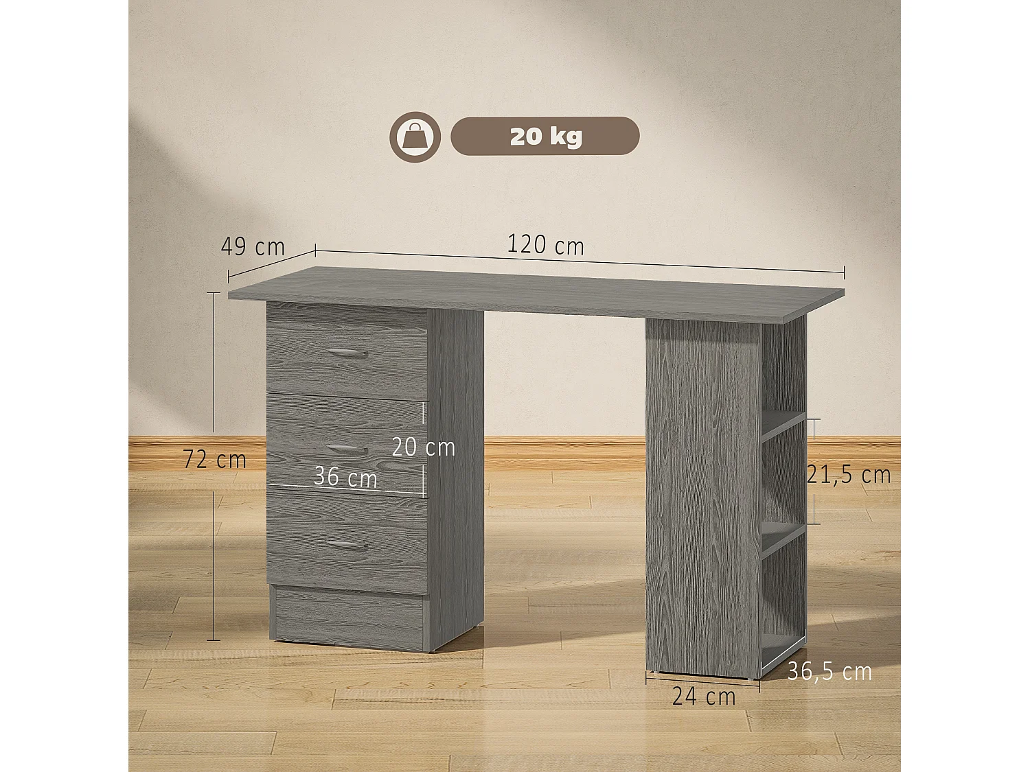 Bureau informatique table multi-fonctions 3 tiroirs 2 étagères dim. 120L x 49l x 72H cm MDF aspect bois gris