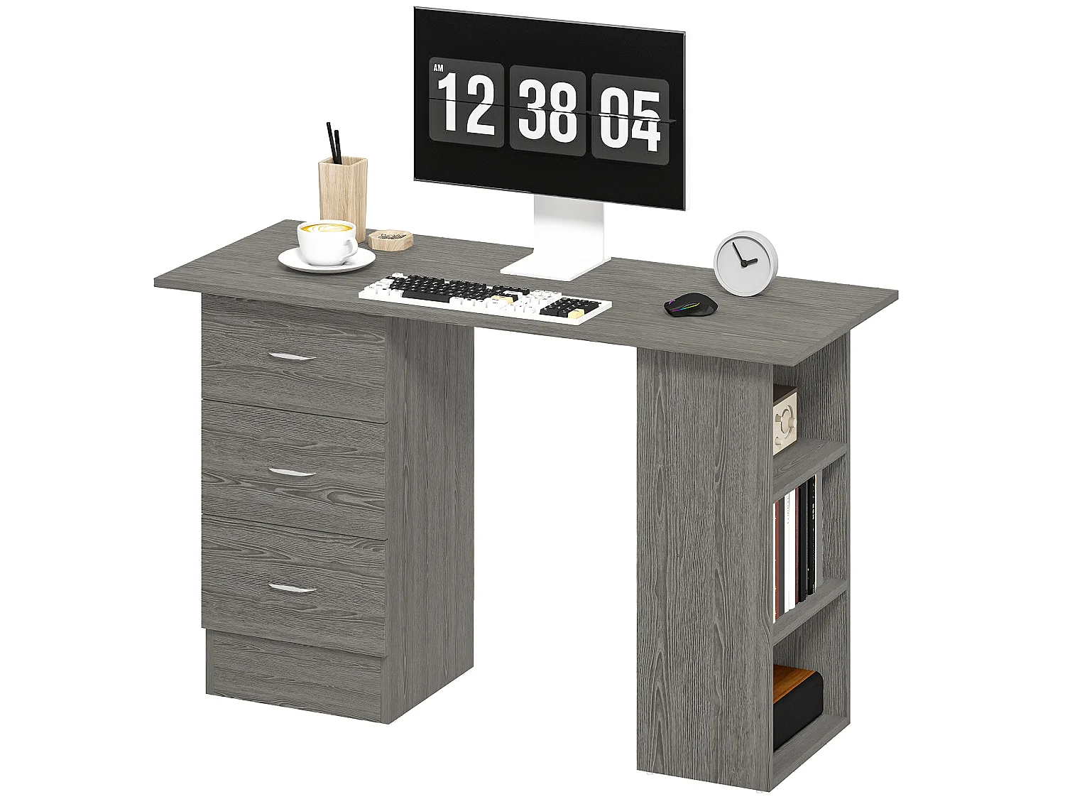 Bureau informatique table multi-fonctions 3 tiroirs 2 étagères dim. 120L x 49l x 72H cm MDF aspect bois gris