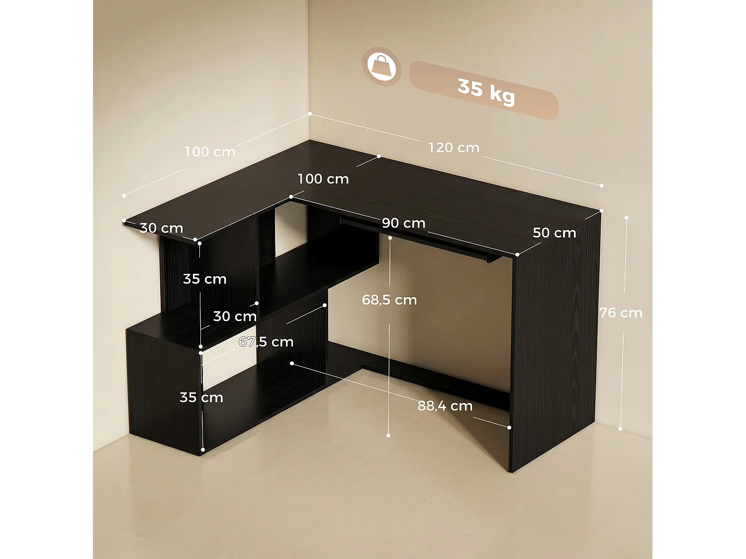 Bureau informatique - bureau d'angle 120 x 100 cm - tablette coulissante clavier, 4 niches - effet bois noir