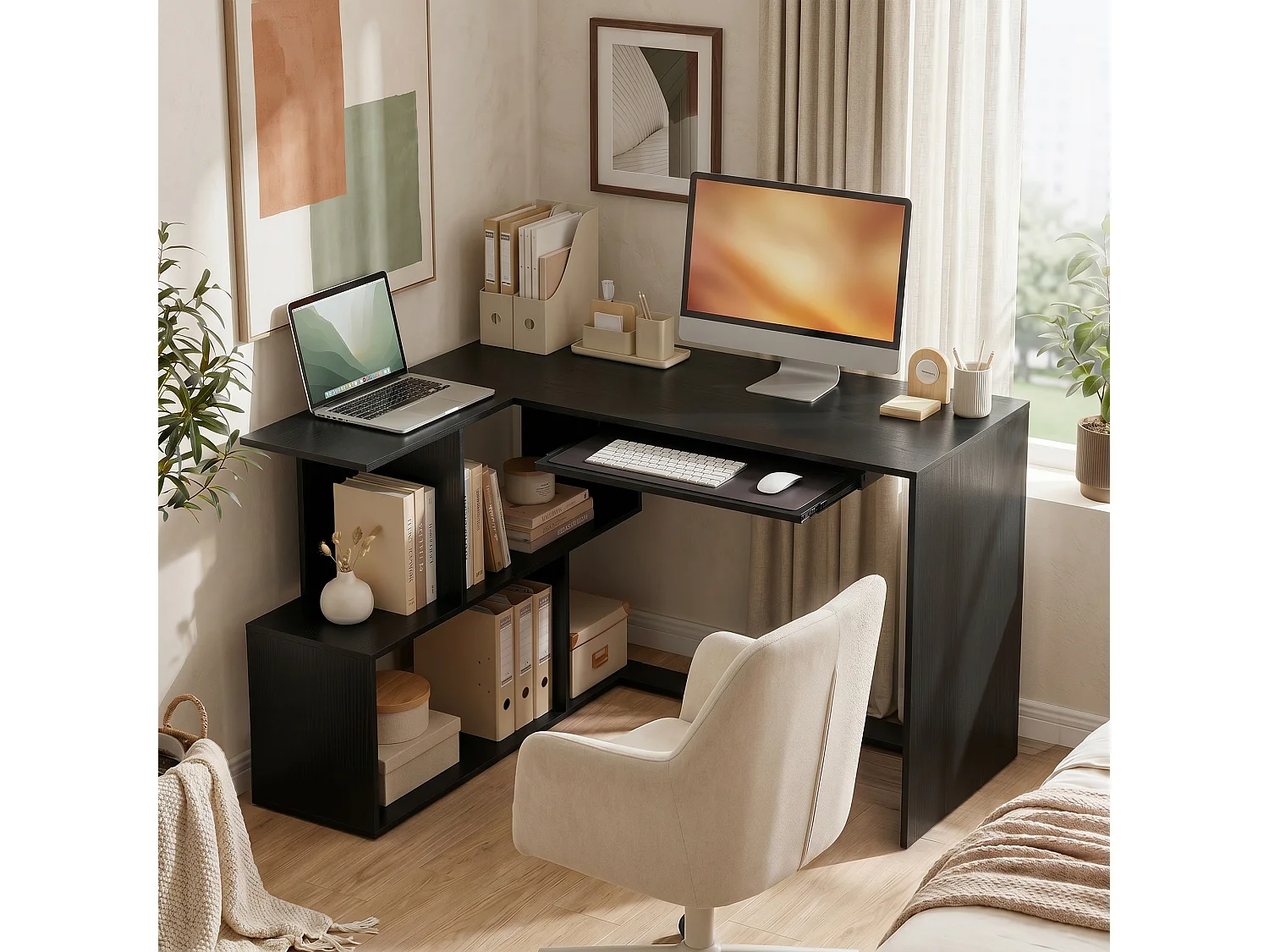 Bureau informatique - bureau d'angle 120 x 100 cm - tablette coulissante clavier, 4 niches - effet bois noir