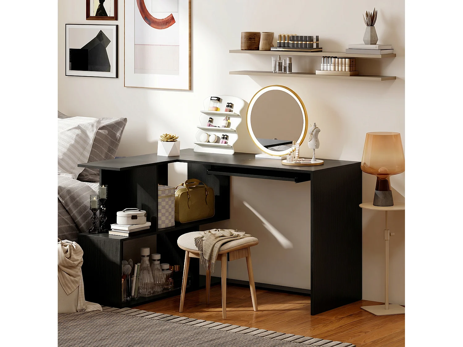 Bureau informatique - bureau d'angle 120 x 100 cm - tablette coulissante clavier, 4 niches - effet bois noir